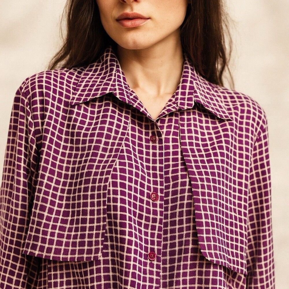 Vintage Artsy Blouse 10 Purple Geometric Print‎ Retro Top
